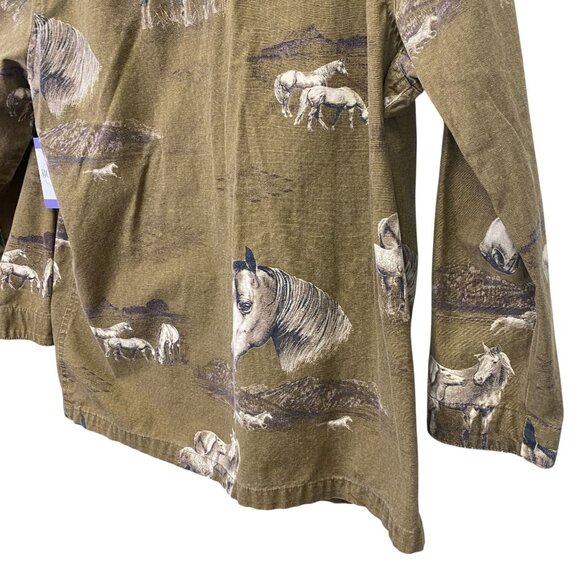 Bit & Bridle Womens L Chore Barn Jacket Brown Horse AOP Corduroy Trim Equestrian - Picture 15 of 16